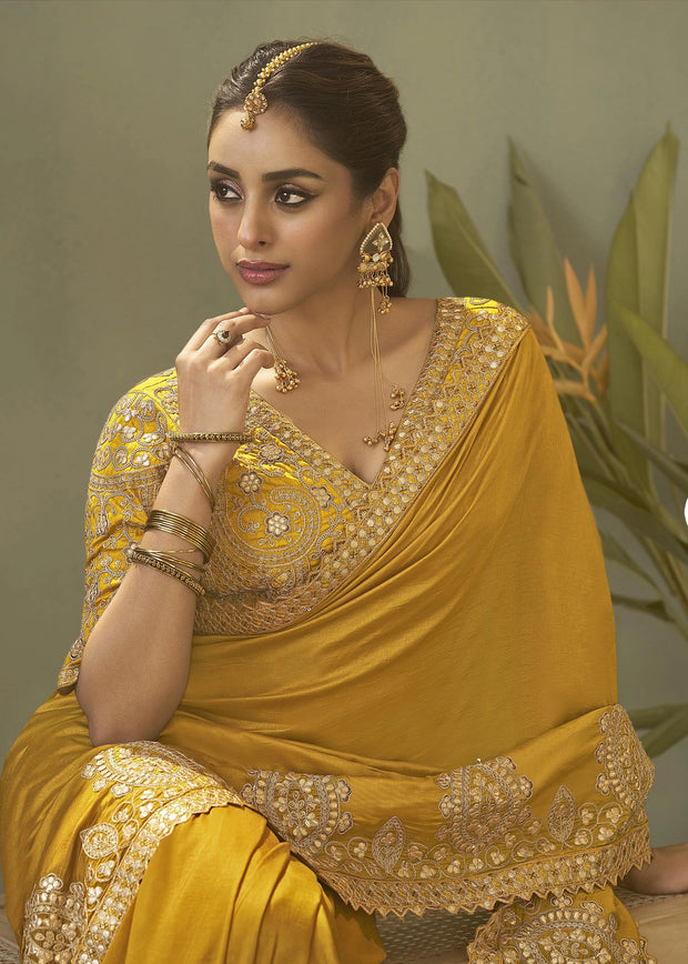 “Exclusive Offer” : Golden Yellow Woven Embroidered Silk Saree