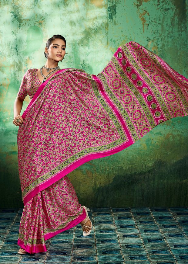 Pink Printed Satin Silk Saree