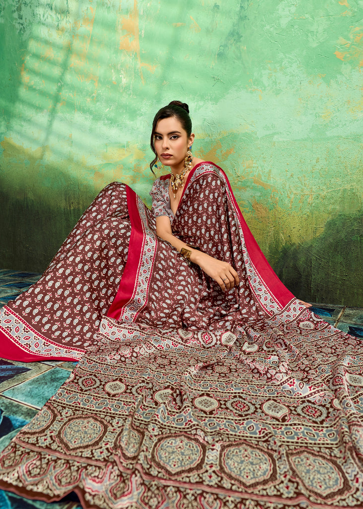 Chocolate Brown Printed Satin Silk Saree