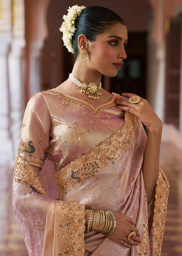 Dusty Lilac Bead Work Kanjivaram Soft Silk Saree
