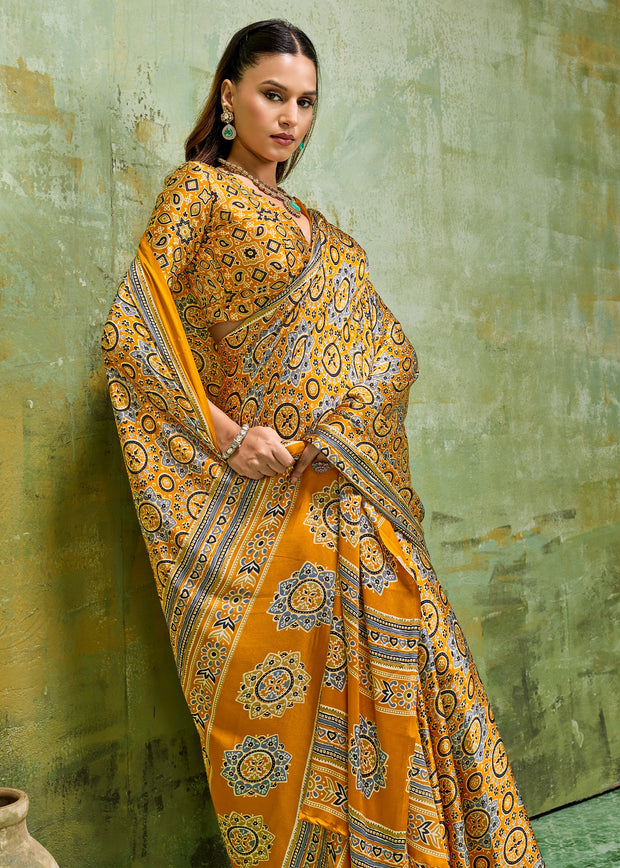 Haldi Yellow Printed Satin Silk Saree