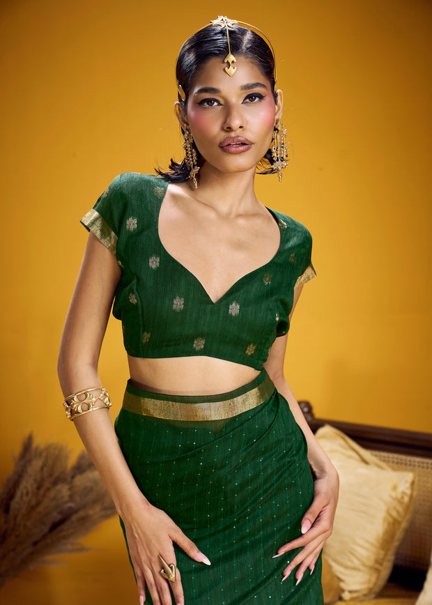 Forest Green Woven Cotton Silk Saree