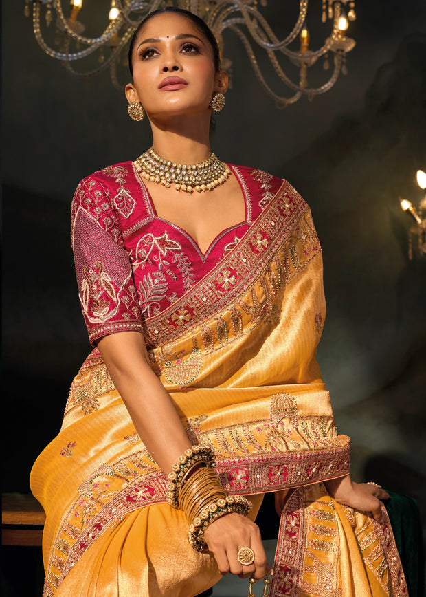 Mustard Yellow Embroidered Silk Saree