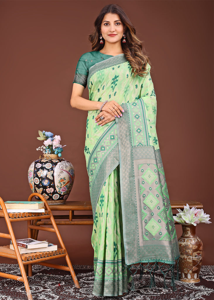 Pistachio Green Woven Cotton Linen Silk Saree