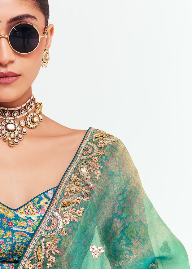 Sea Green Designer Embroidered Tissue Saree