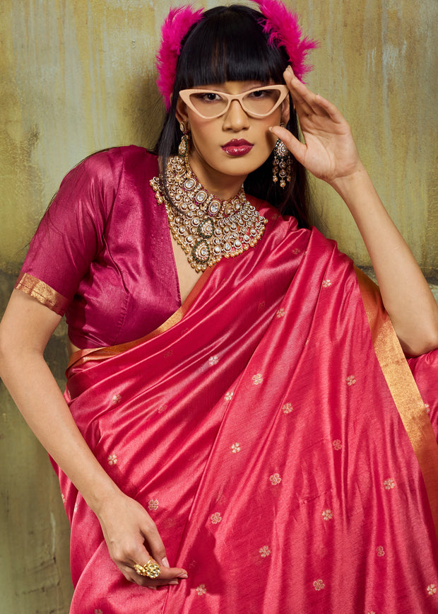 Peach Pink Banarasi Tusser Silk Saree