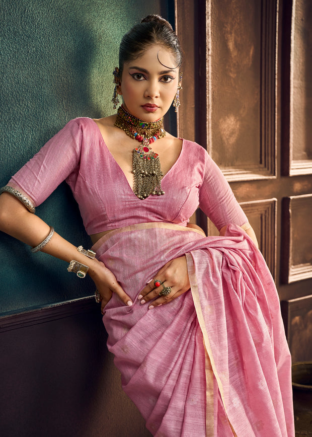 Onion Pink Woven Munga Cotton Silk Saree