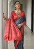 Slate Grey & Red Printed Tussar SIlk Saree