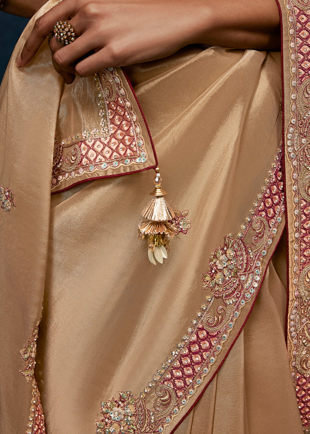 Almon Beige Embroidered Designer Tissue Saree