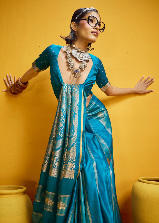 Vivid Blue Woven Banarasi Satin Silk Saree