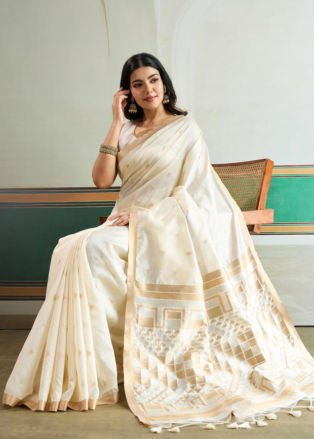 Snow White Woven Tussar Silk Saree