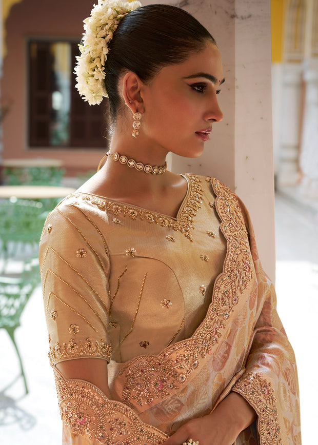 Champagne Beige Bead Work Kanjivaram Soft Silk Saree