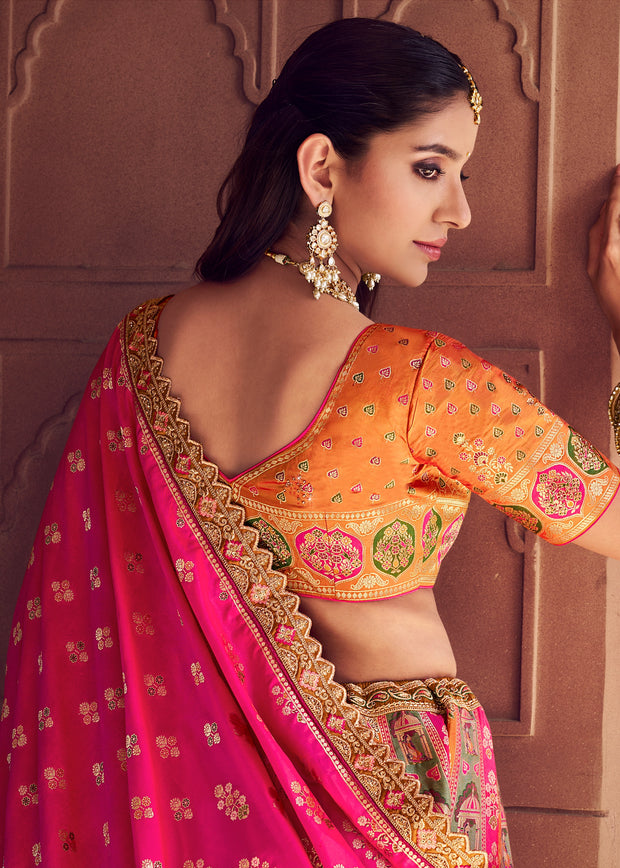 Pink And Orange Banarasi Silk Embroidered Lehenga