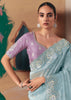 Aqua Blue Embroidered Designer Silk Saree