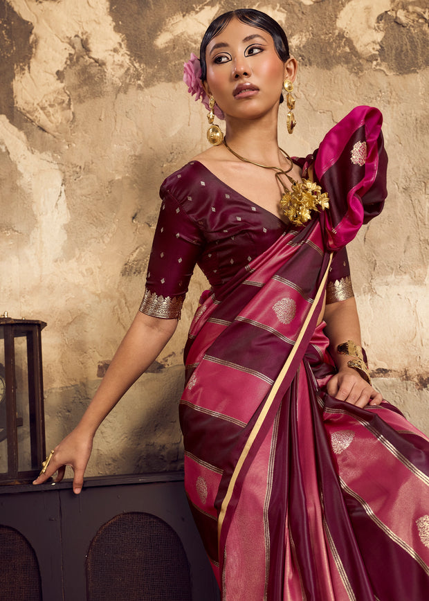Pink And Maroon Rangkat Satin Silk Saree