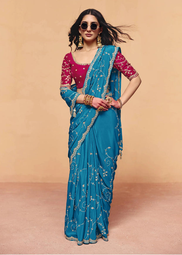 Heritage Blue Embroidered Designer Tissue Saree