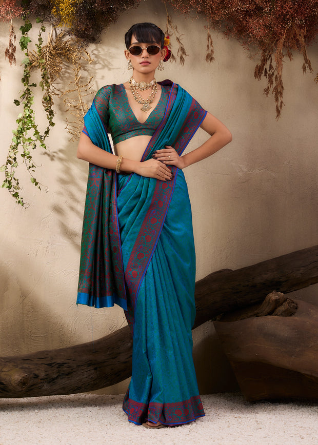 Coral Blue Woven Kanjivaram Silk Saree