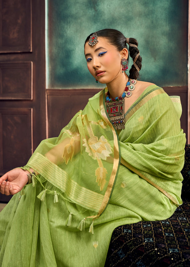 Pistachio Green Woven Cotton Silk Saree