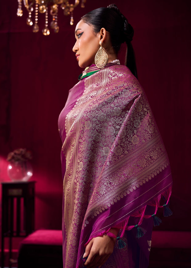 Phlox Purple Woven Banarasi Satin Linen Silk Saree