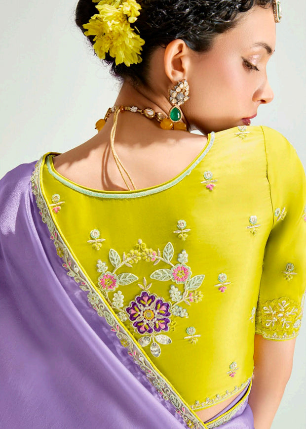 Lavender Yellow Ombre Designer Tissue Saree With Embroidered Blouse