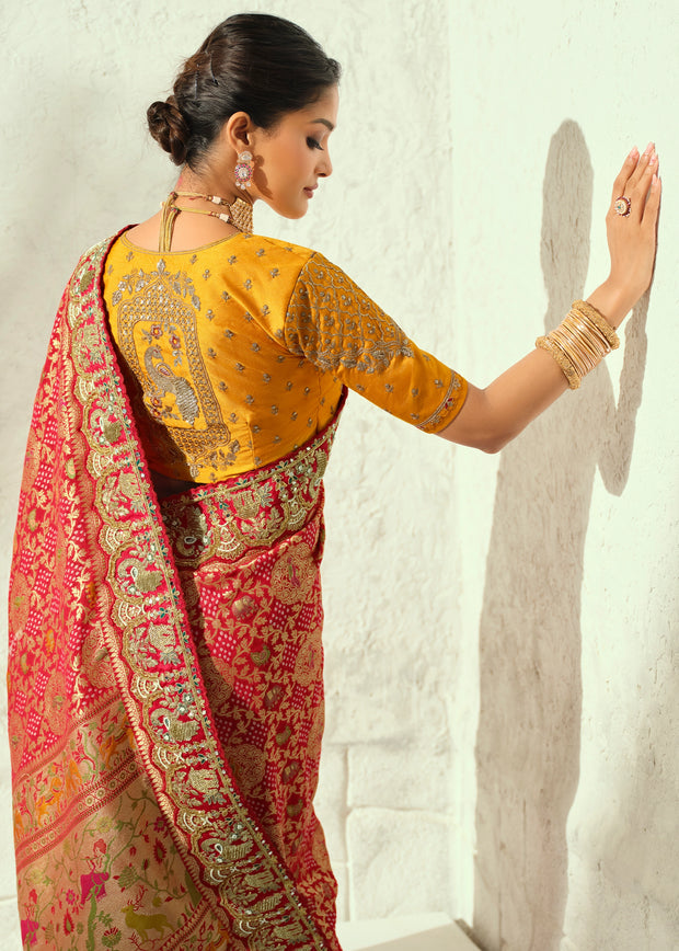 Red Embroidered Georgette Bandhej Saree