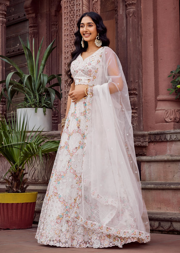 Pearl White Embroidered Net Lehenga