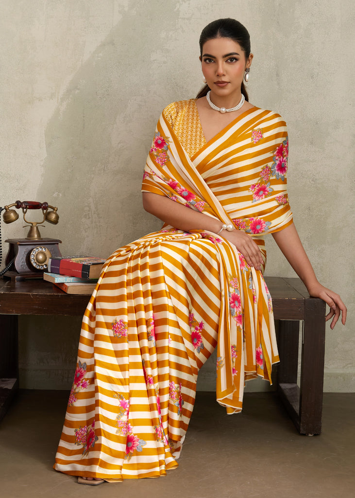 Bright Yellow Printed Satin Silk Saree