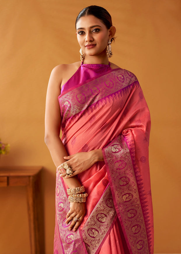 Peach Pink Woven Banarasi Cotton Silk Saree