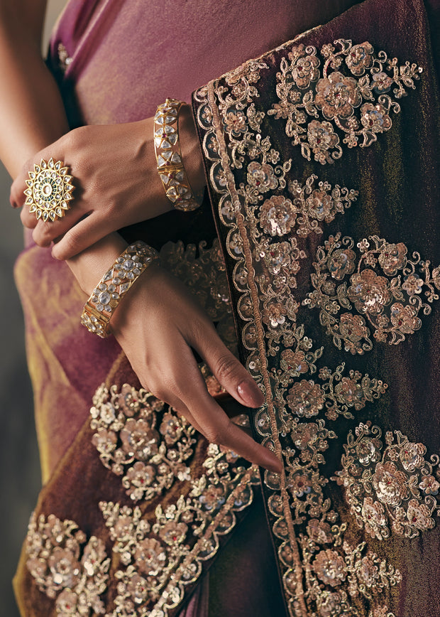 Purple & Brown Tissue Embroidered Wedding Wear Saree