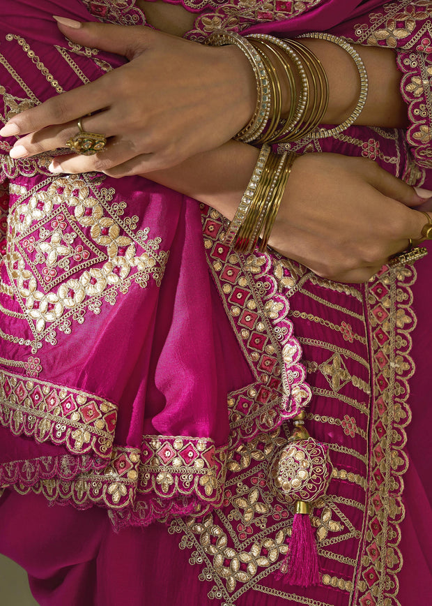 “Exclusive Offer” : Fuchsia Pink Woven Embroidered Silk Saree