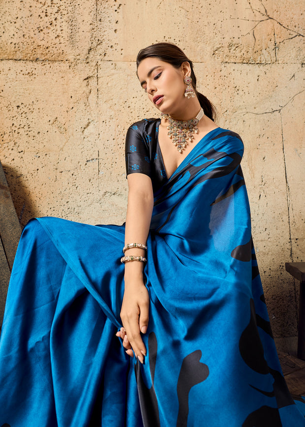 Victoria Blue Printed Satin Silk Saree