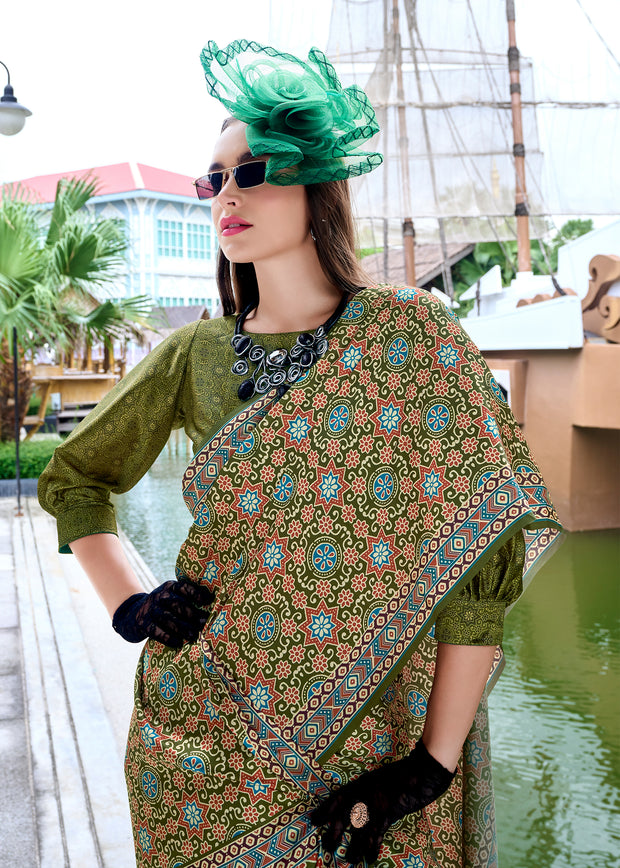 Shale Green Satin Crepe Digital Printed Saga Saree With Contrast Blouse