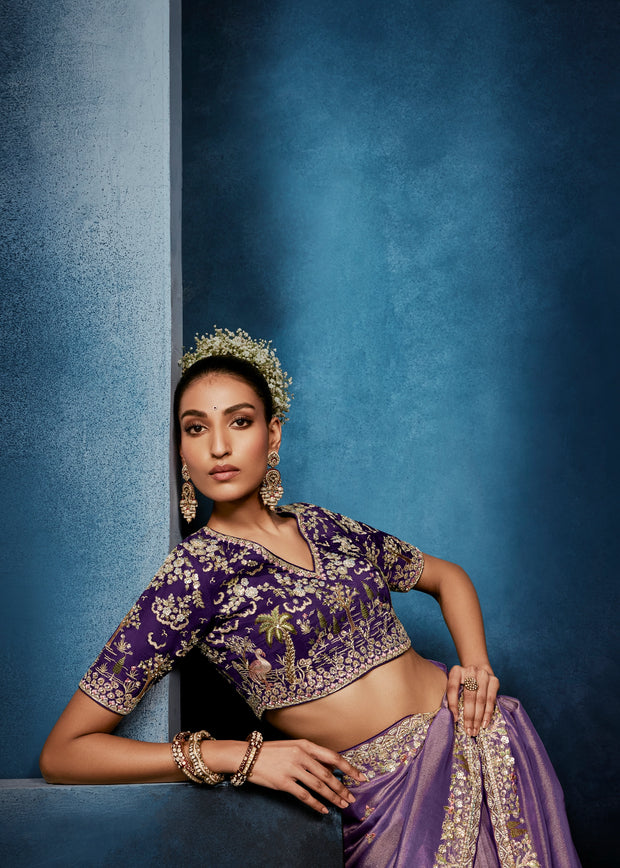 Lavender Purple Embroidered Designer Tissue Saree