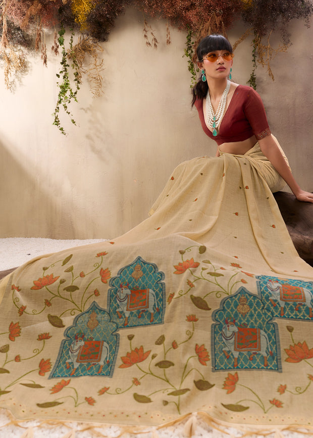 Sand Beige Woven Cotton Silk Saree