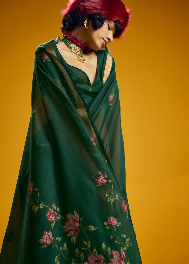 Dark Green Woven Munga Cotton Silk Saree