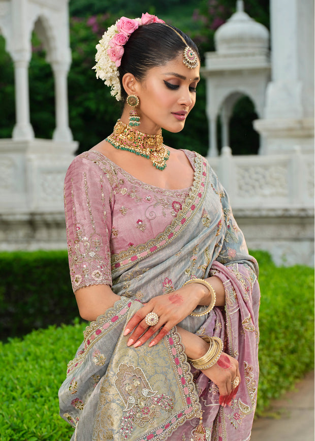 Grey Pink Designer Embroidered Silk Saree