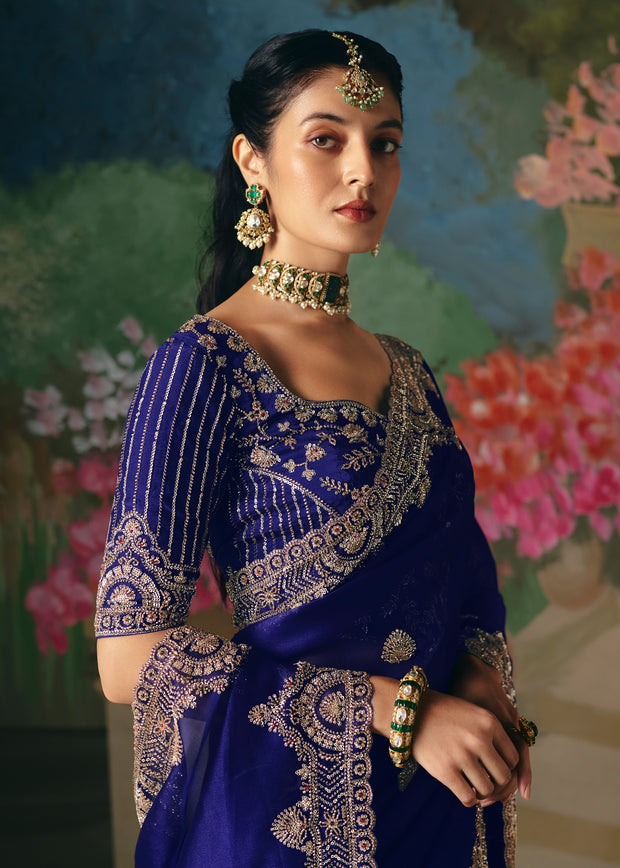 Royal Blue Embroidered Designer Saree