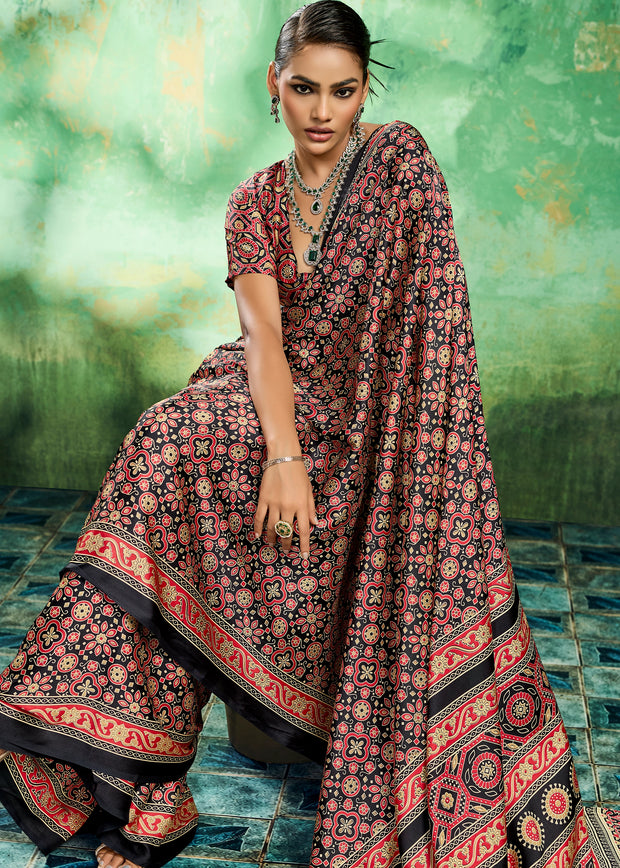 Black And Red Printed Satin Silk Saree