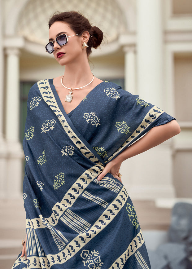 Fedral Blue Printed Cotton Silk Saree