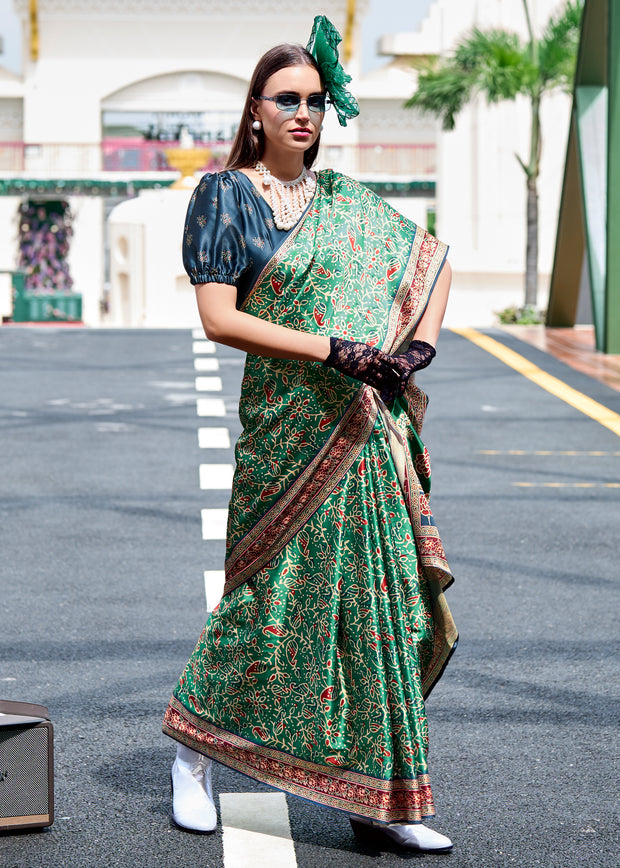 Aspen Green Satin Crepe Digital Printed Saga Saree With Contrast Blouse