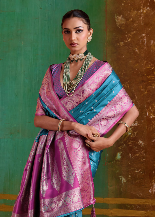 Vivid Blue Banarasi Satin Silk Saree