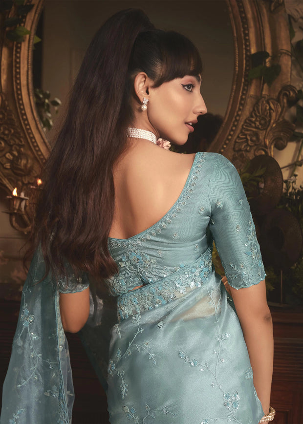 Aqua Mist Designer Tissue Organza  Saree