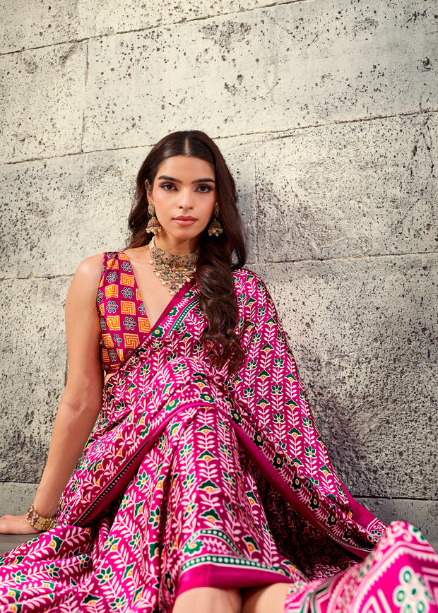 Elegant Pink Printed Satin Silk Saree