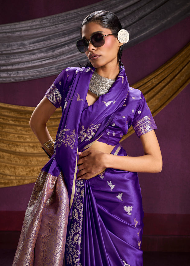 True Purple Banarasi Satin Silk Saree