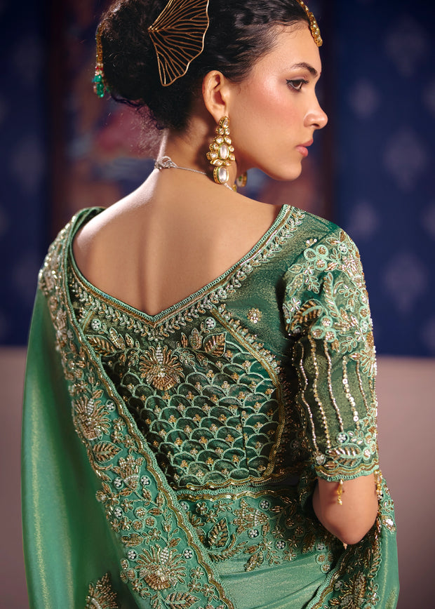 Summer Green Embroidered Tissue Designer Saree