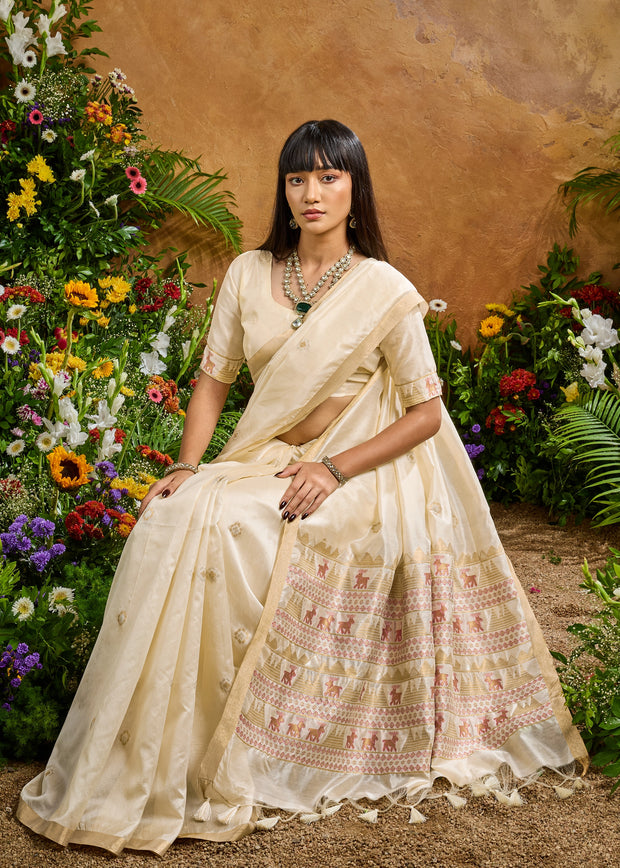 Elegant Cream Woven Banarasi Silk Saree