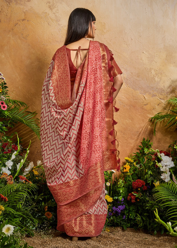 Earth Red Printed Patola Silk Saree