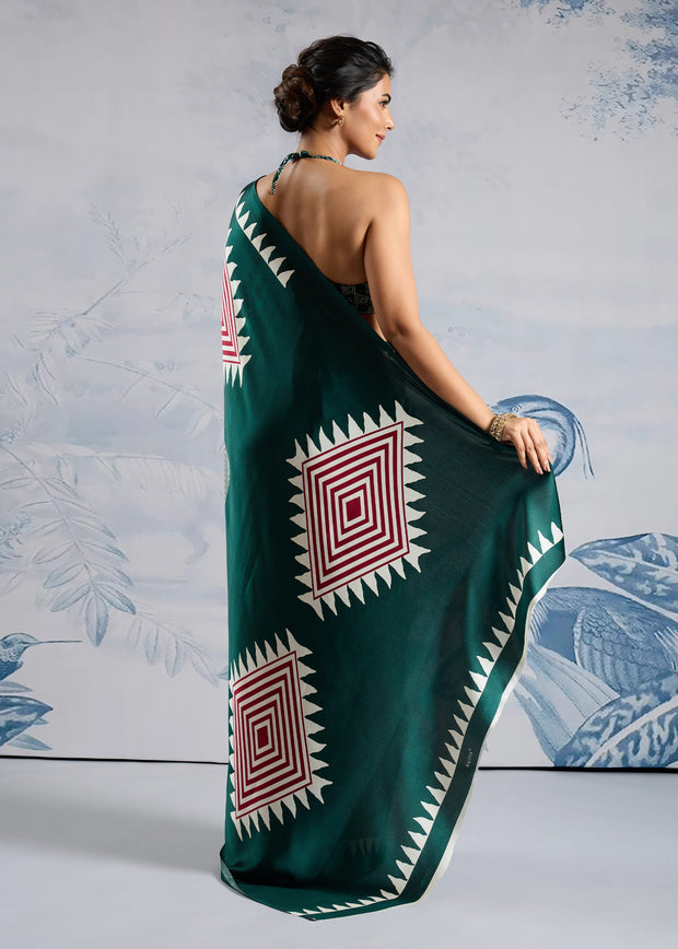 Antique Green Printed Satin Silk Saree