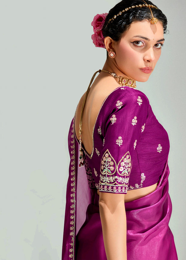 Dahlia Purple Ombre Designer Tissue Saree With Embroidered Blouse