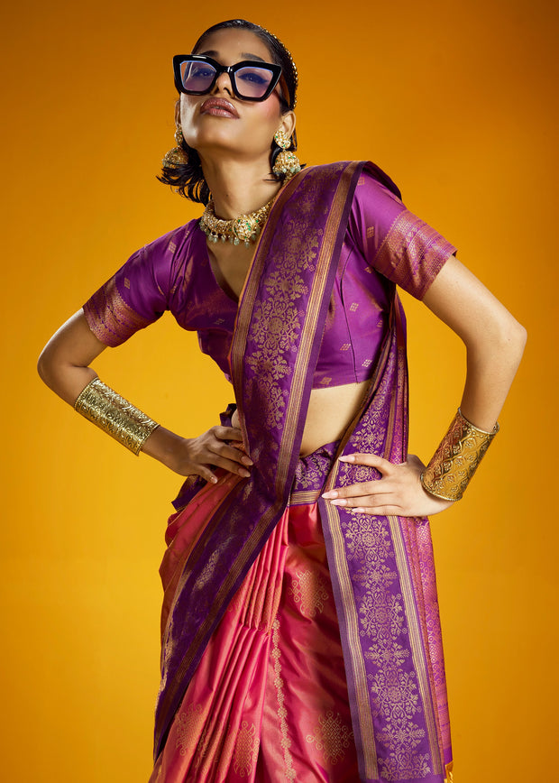 Peach Pink Woven Banarasi Silk Saree